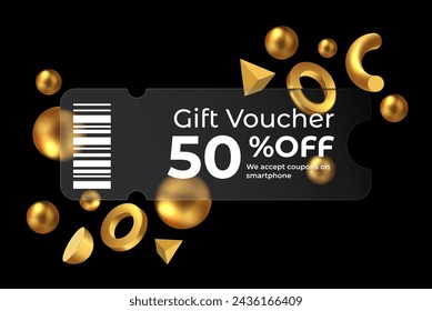 Dark background of 3d geometric shapes with glassmorphism rectangle plate in the center. Vector illustration