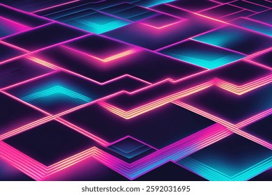 Dark Background with 80s Inspired Neon Grids and Glowing Shapes