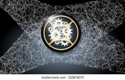 Dark background with abstract cobweb and cogwheels