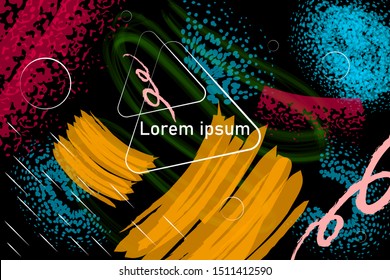 a dark background with abstract figures drawn in orange and blue with green colors