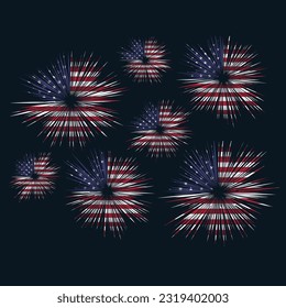 Dark background with abstract firework silhouettes and USA flag inside. Independence holiday in America