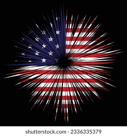 Dark background with abstract firework silhouettes and USA flag inside. Independence holiday in America