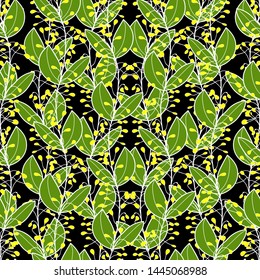  a dark background with abstract plants of green and yellow colors