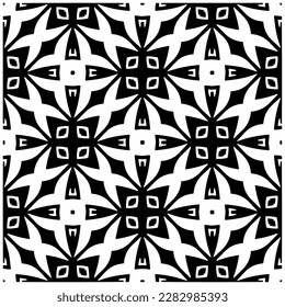 Dark background with abstract shapes. Black and white texture. Seamless monochrome repeating pattern for web page, textures, card, poster, fabric, textile.