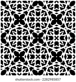Dark background with abstract shapes. Black and white texture. Seamless monochrome repeating pattern for web page, textures, card, poster, fabric, textile.