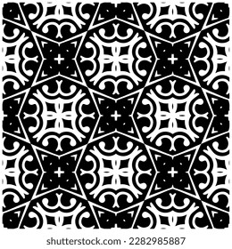 Dark background with abstract shapes. Black and white texture. Seamless monochrome repeating pattern for web page, textures, card, poster, fabric, textile.