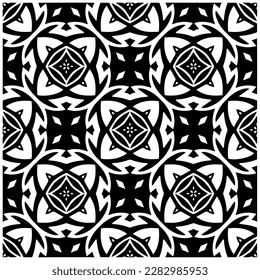 Dark background with abstract shapes. Black and white texture. Seamless monochrome repeating pattern for web page, textures, card, poster, fabric, textile.