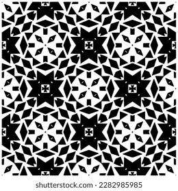 Dark background with abstract shapes. Black and white texture. Seamless monochrome repeating pattern for web page, textures, card, poster, fabric, textile.