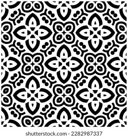 Dark background with abstract shapes. Black and white texture. Seamless monochrome repeating pattern for web page, textures, card, poster, fabric, textile.