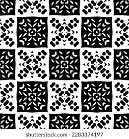 Dark background with abstract shapes. Black and white texture. Seamless monochrome repeating pattern for web page, textures, card, poster, fabric, textile.
