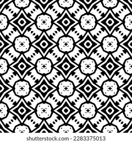 Dark background with abstract shapes. Black and white texture. Seamless monochrome repeating pattern for web page, textures, card, poster, fabric, textile.