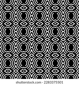 Dark background with abstract shapes. Black and white texture. Seamless monochrome repeating pattern for web page, textures, card, poster, fabric, textile.