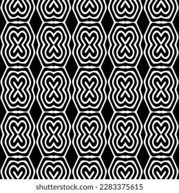 Dark background with abstract shapes. Black and white texture. Seamless monochrome repeating pattern for web page, textures, card, poster, fabric, textile.