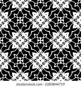 Dark background with abstract shapes. Black and white texture. Seamless monochrome repeating pattern for web page, textures, card, poster, fabric, textile.