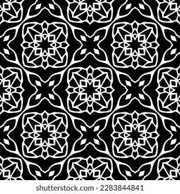 Dark background with abstract shapes. Black and white texture. Seamless monochrome repeating pattern for web page, textures, card, poster, fabric, textile.