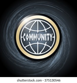 Dark background with abstract spirals and community icon