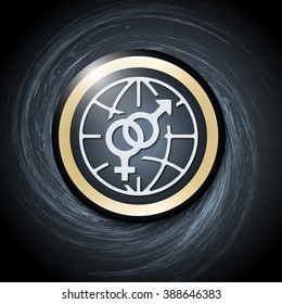 Dark background with abstract spirals and global icon