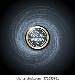 Dark background with abstract spirals and social media icon