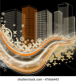 dark background with abstract wavy orange lines, transparent bands and circles and sidebars of the office buildings