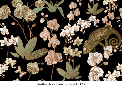 Dark background. Aloha style. Seamless floral pattern. Exotic flowers, chameleon and butterflies. Beautiful orchids garden. Vintage. Vector illustration. Template for textiles, wallpaper, paper