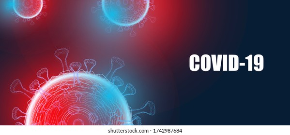 Dark background with bacteria and the inscription coronavirus COVID-2019 on a blue Abstract bokeh Light background vector design .