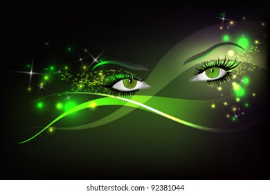 Dark background with beautiful green glamour shining sparked eyes.