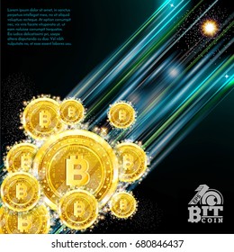 Dark background with bit coins flying with speed of light and motion track back for it svg