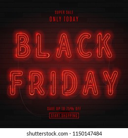 Dark background for black Friday sale. Modern neon red billboard on brick wall. Concept of advertising for seasonal offer with glowing neon text.