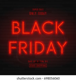 Dark background for black Friday sale. Modern neon red billboard on brick wall. Concept of advertising for seasonal offer with glowing neon text.