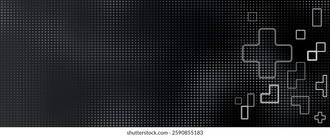 Dark background with a black gradient background, featuring a dotted texture and abstract geometric shapes on the right.