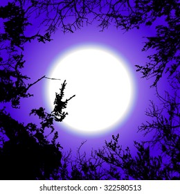 Dark background with black tree silhouettes on the sky and moon