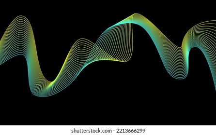 Dark background Black Turquoise Light Yellow wave lines. Flowing waves  Abstract digital equalizer sound wave. Flow. Line Vector illustration for tech futuristic innovation concept background Graphic 