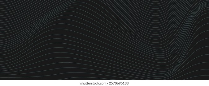 Dark background with black waves, featuring a smooth, flowing texture. The black background enhances the wavy design. Digital background vector. Black background.