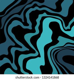 Dark background. Background of black wavy stripes and stripes of blue shades. Pattern of wavy dark lines