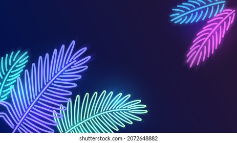 Dark background with blue glowing neon leaves of tropical plants in the corners