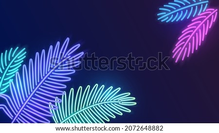 Dark background with blue glowing neon leaves of tropical plants in the corners