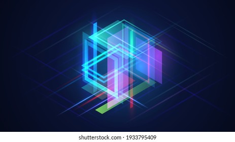 Dark Background With Blue Isometric Glowing Cube