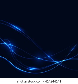 Dark background with blue laser shine glow neon waves