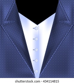 dark background and blue male costume with vest