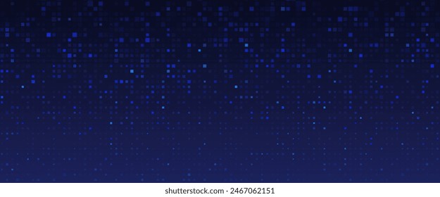 Dunkler Hintergrund mit blauem Pixelmuster. Vektorillustration des abstrakten BG mit geometrischen quadratischen Elementen. Digitale Kulisse mit aufgelöster Rechteck-Punkt-Teilchen-Mosaik-Gradienten-Textur.