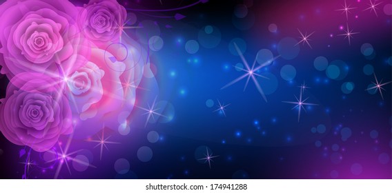 Dark background in blue and purple colors with abstract roses