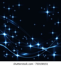 Dark background with blue stars and waves. Glowing shinning stars and waves in cold colors on dark sky. 