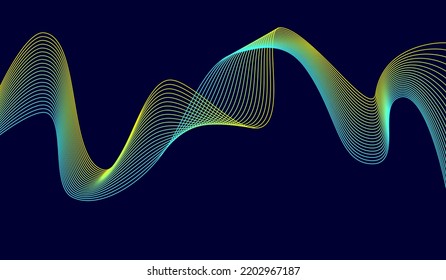 Fondo oscuro Líneas de onda azul turquesa amarilla. Diseño de ondas flotantes Resumen de la onda de sonido del ecualizador digital. Flujo. Ilustración de vectores de línea para el fondo del concepto de innovación tecnológica futurista Gráfico 