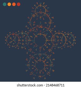 Dark background with boho color abstract circle symbols. Scandinavian signs of viking culture. Norse Europe magic pattern wallpaper