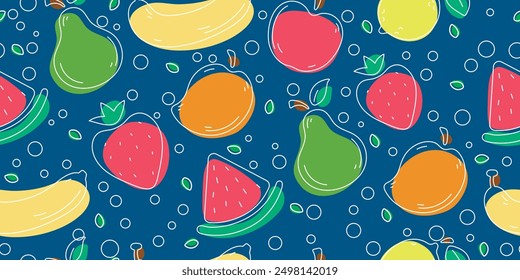Fondo oscuro y frutas brillantes y planas. Cocina sin fisuras o patrón de picnic, para cuadernos y cuadernos de bocetos, para textiles.