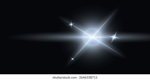  um fundo escuro, com luz branca brilhante, raios dispersos indo em direções diferentes e várias pequenas estrelas luminosas criando o efeito de um fenômeno de luz cósmica ou abstrata.