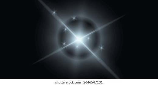 um fundo escuro, com luz branca brilhante, raios dispersos indo em direções diferentes e várias pequenas estrelas luminosas criando o efeito de um fenômeno de luz cósmica ou abstrata.