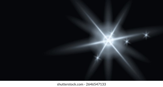 um fundo escuro, com luz branca brilhante, raios dispersos indo em direções diferentes e várias pequenas estrelas luminosas criando o efeito de um fenômeno de luz cósmica ou abstrata.