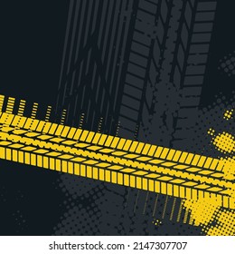 Dark background with bright yellow tire track silhouette and speed brake design elements