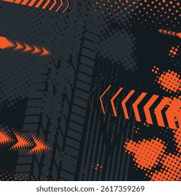 Dark background with bright yellow tire track silhouette and speed brake design elements
